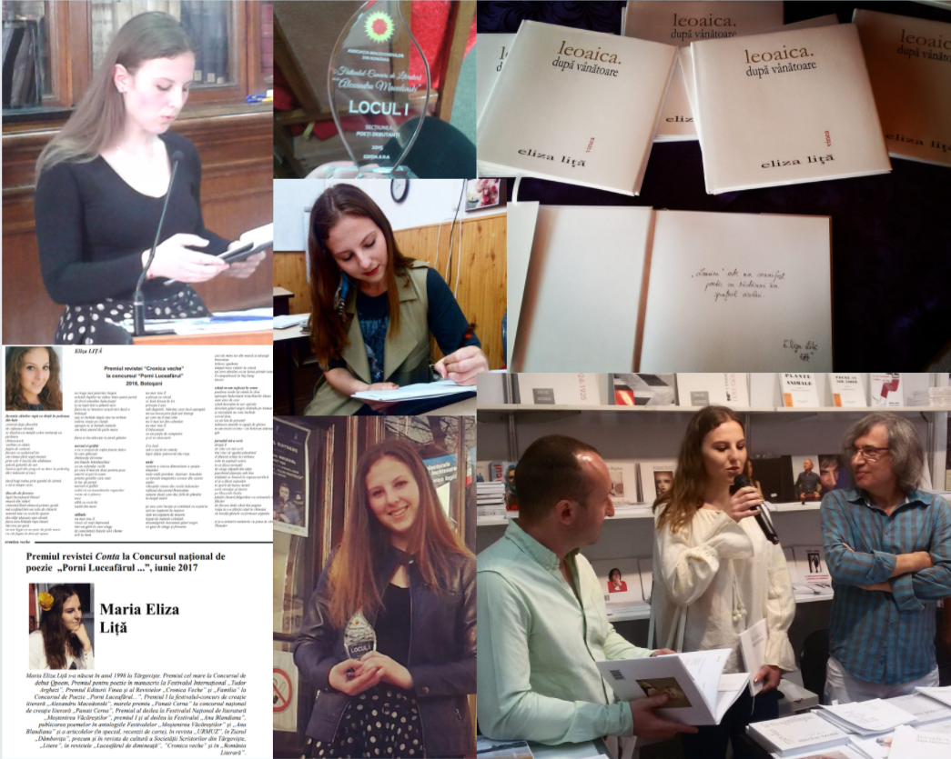 A collage of photos showing the author while giving speeches, reading and signing her poetry book, and snippets of newspapers where her poems were published.